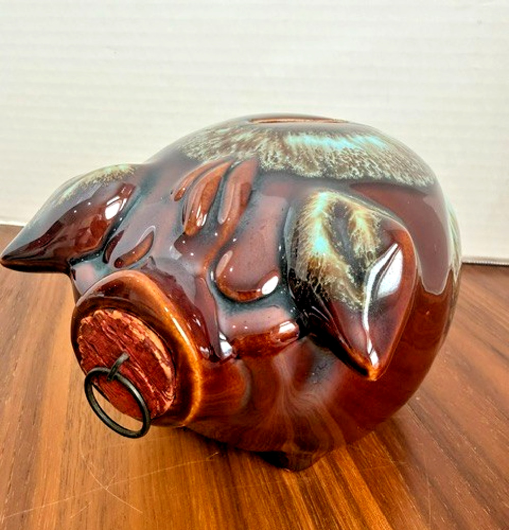 HULL USA CORKY PIG 50s BROWN TEAL CERAMIC PIG PLUG BANK MCM Mid-Century PAT PEND